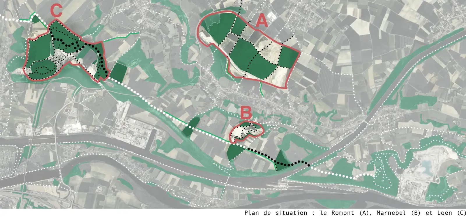 Plan de situation : le Romont (A), Marnebel (B) et Loën (C)