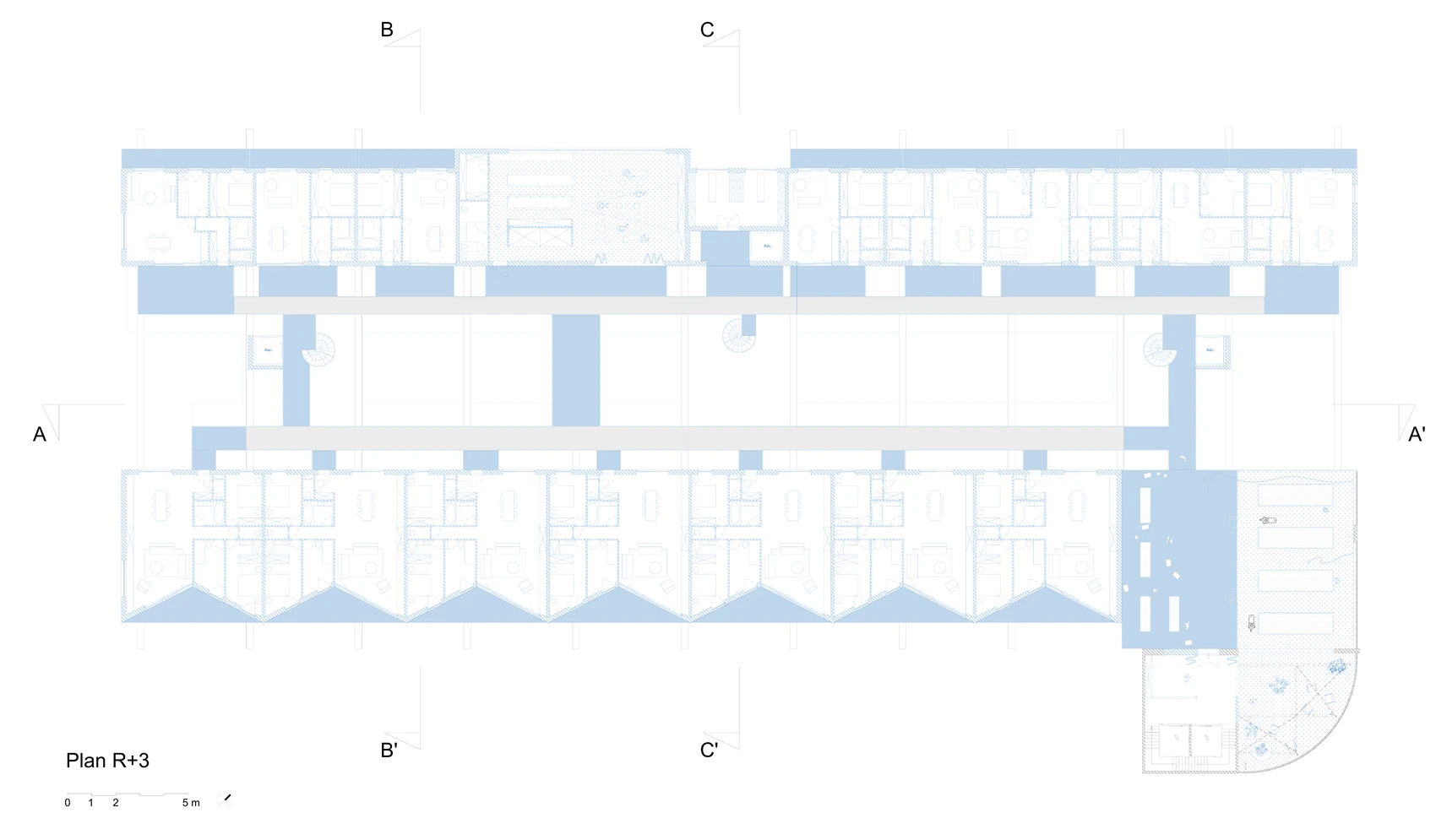 Plan du troisième étage : logements et salles polyvalentes