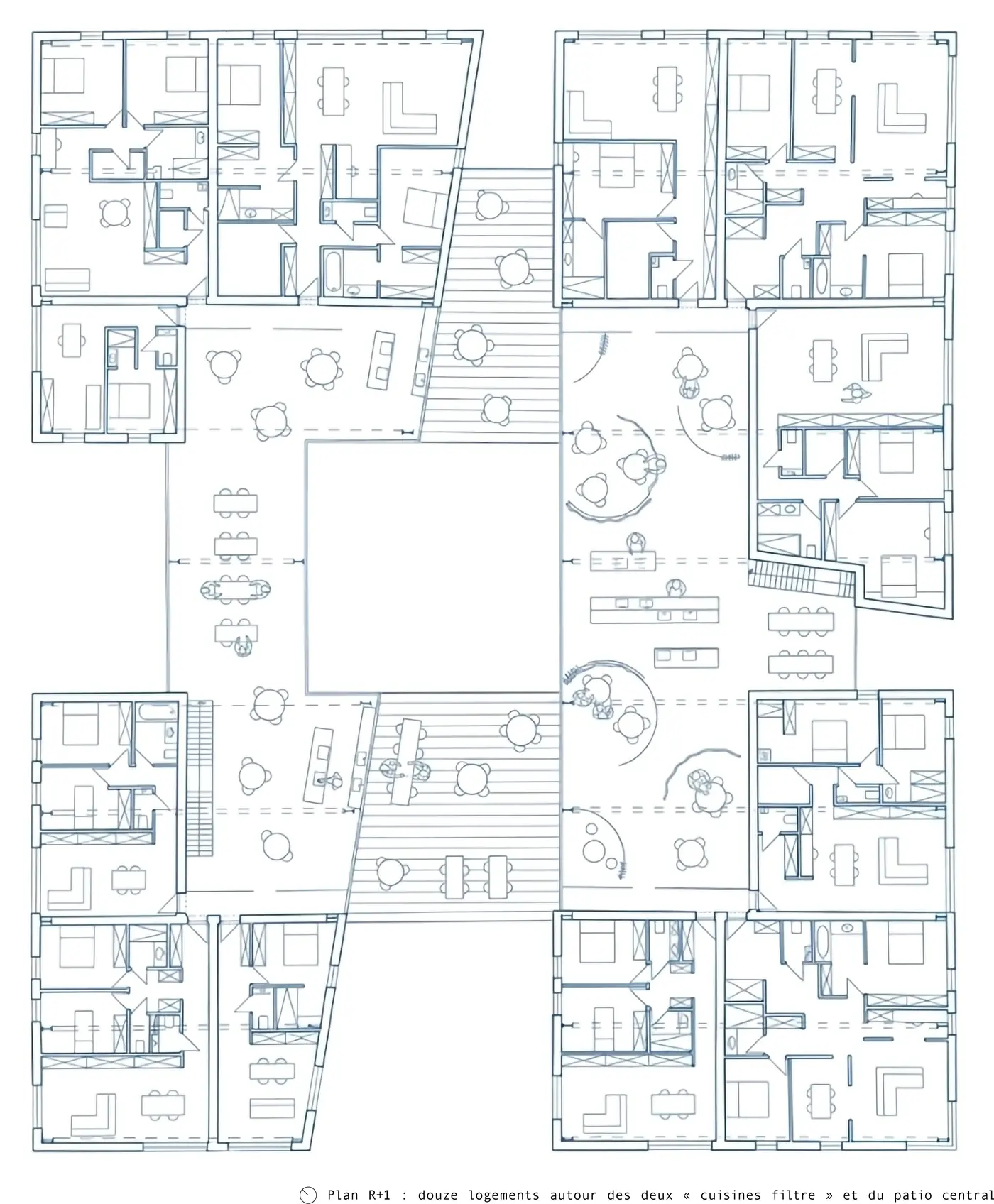 Plan du premier étage : les logements autour du patio central