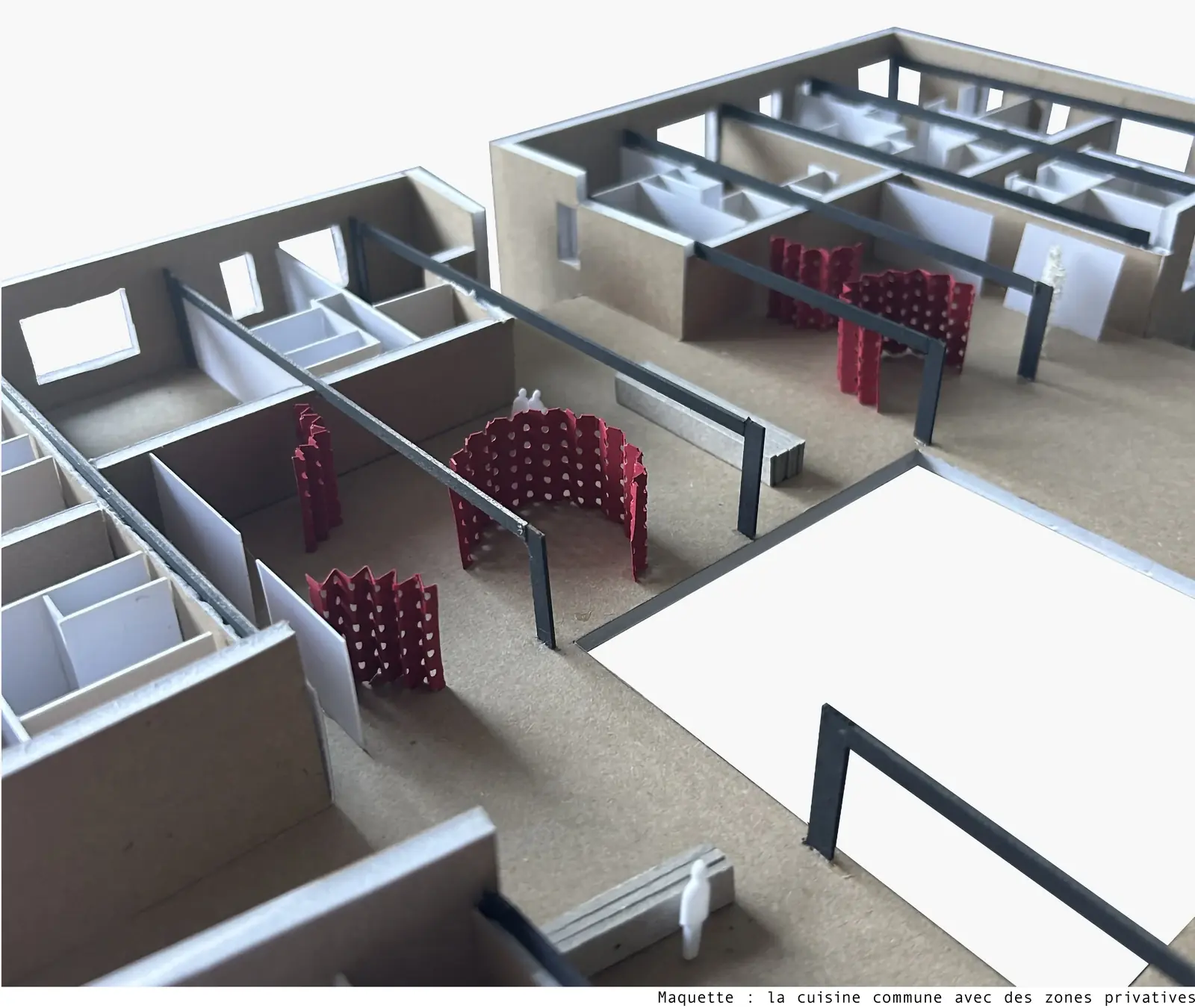 Maquette : la cuisine commune et ses zones privatives