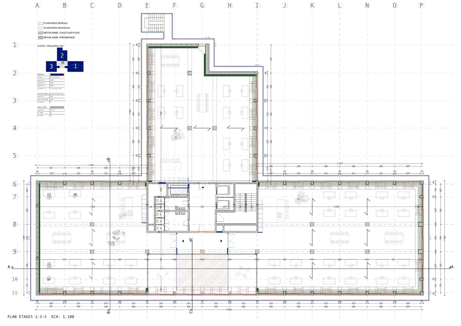 Plan des étages 1, 3 et 5, 1/100